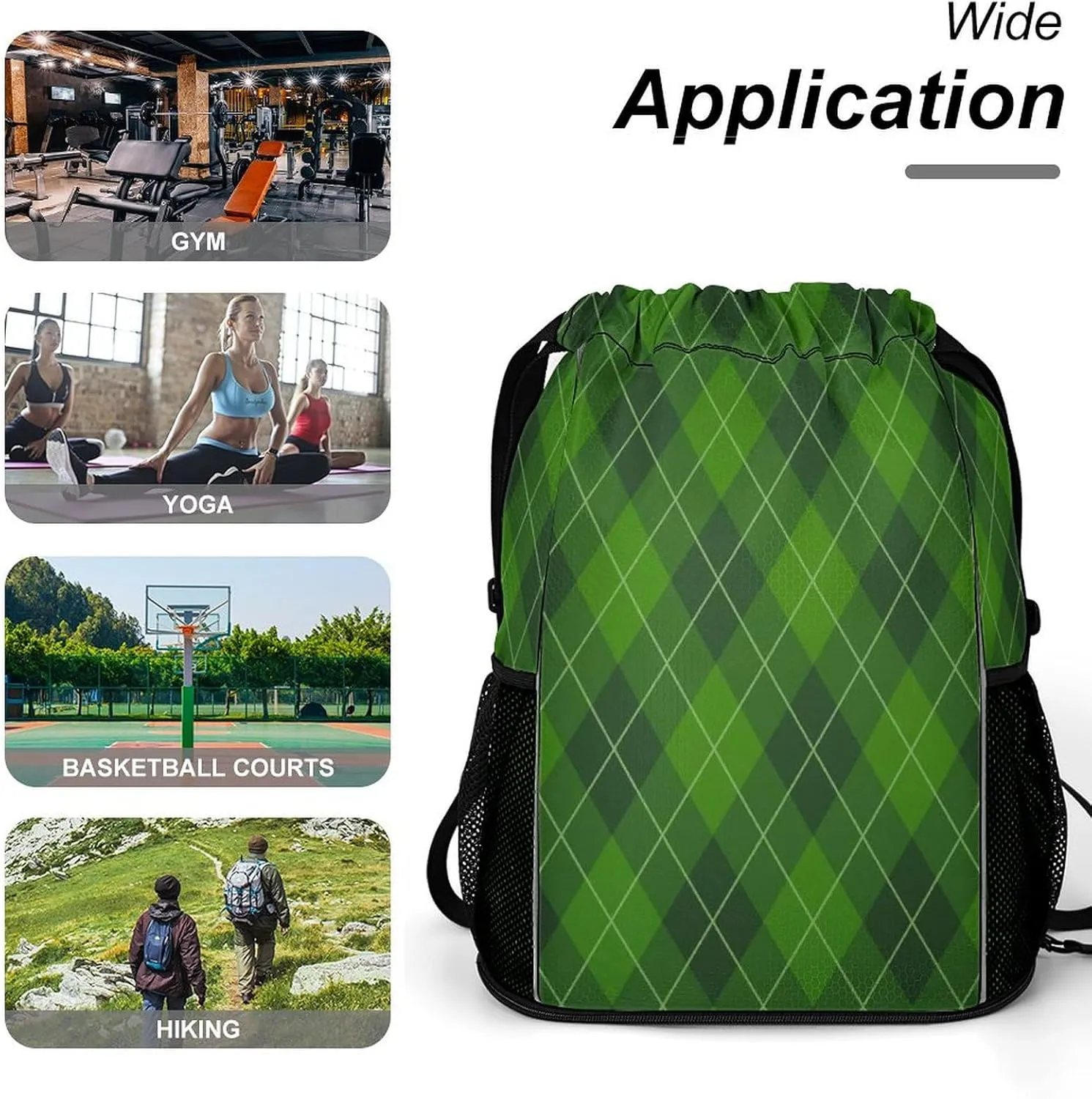 Drawstring Zipper Backpack for Outdoor Swimming Beach Hiking Travel, Men Women Lightweight Gym Bag with Waterproof Compartment, Compatible with St Patricks Day Green Plaid Tartan Drawstring Backpack