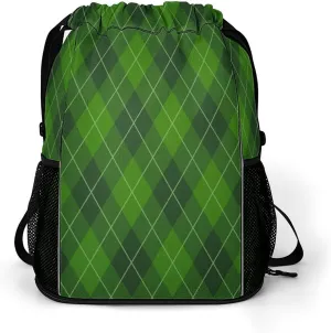 Drawstring Zipper Backpack for Outdoor Swimming Beach Hiking Travel, Men Women Lightweight Gym Bag with Waterproof Compartment, Compatible with St Patricks Day Green Plaid Tartan Drawstring Backpack