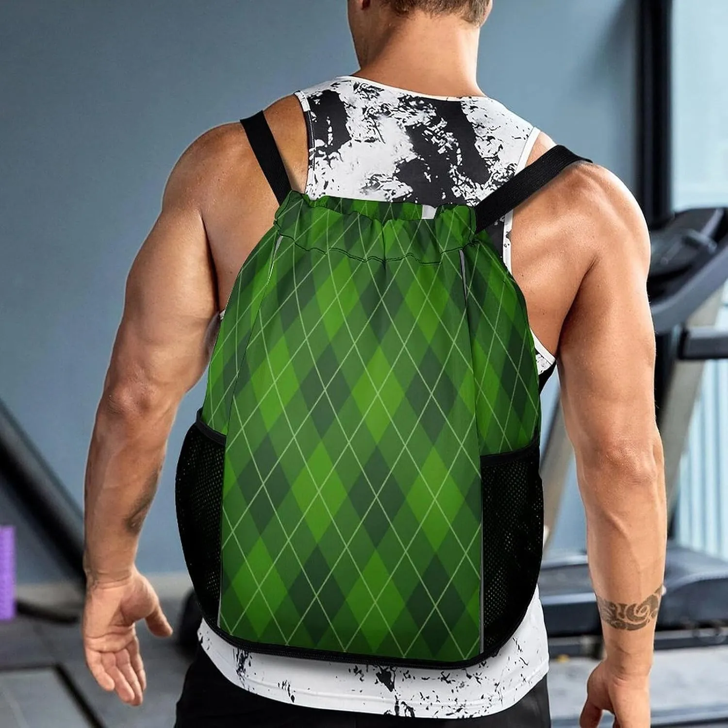 Drawstring Zipper Backpack for Outdoor Swimming Beach Hiking Travel, Men Women Lightweight Gym Bag with Waterproof Compartment, Compatible with St Patricks Day Green Plaid Tartan Drawstring Backpack
