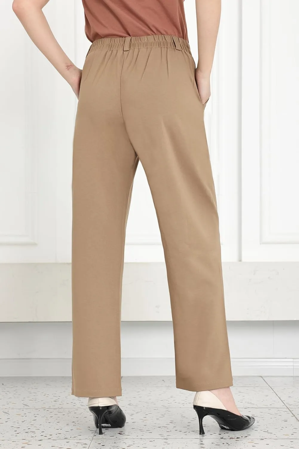 Dress Pants Women Straight Leg Work Business Office High Elastic Waisted Casual Slacks Trousers 29" with Pockets