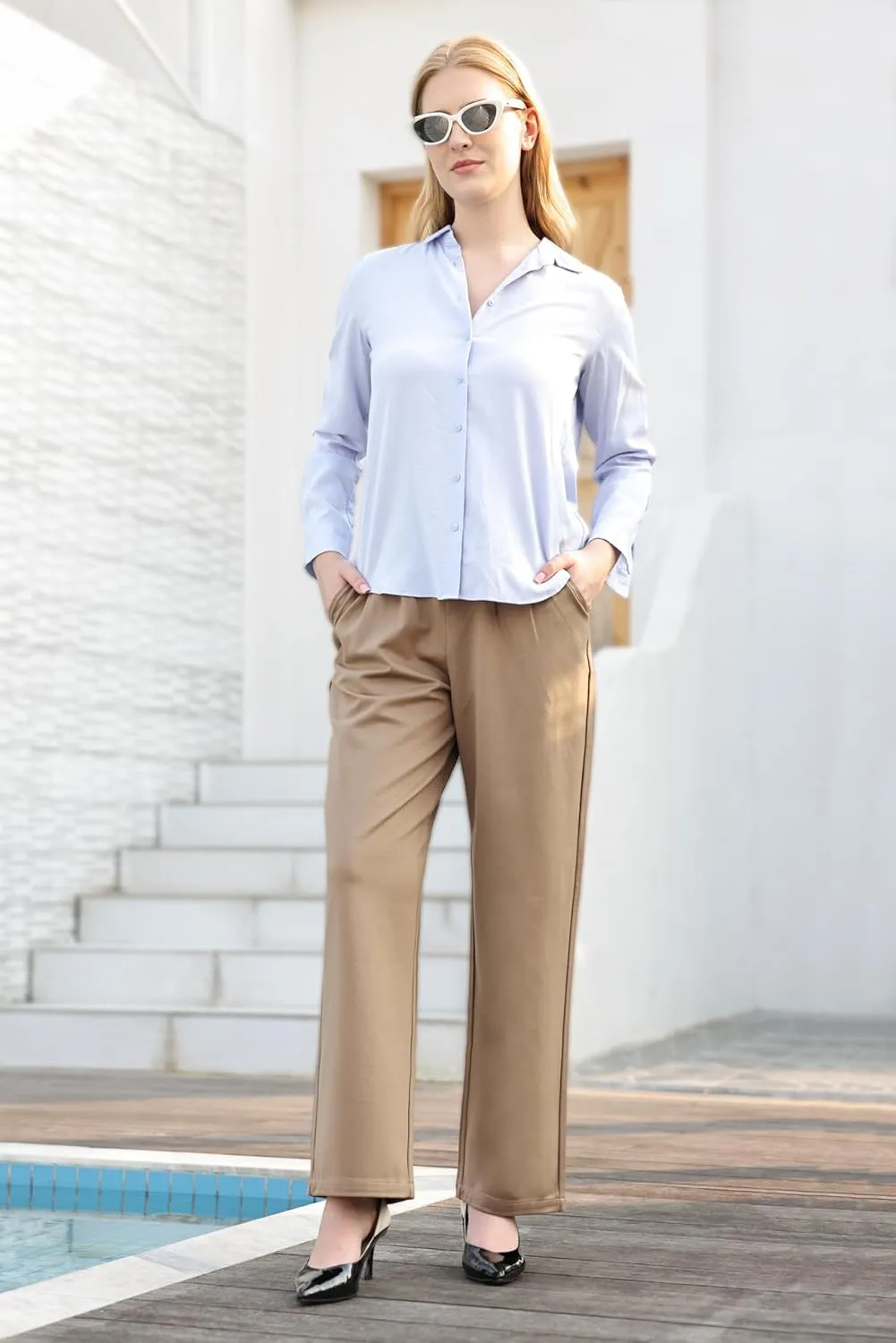 Dress Pants Women Straight Leg Work Business Office High Elastic Waisted Casual Slacks Trousers 29" with Pockets