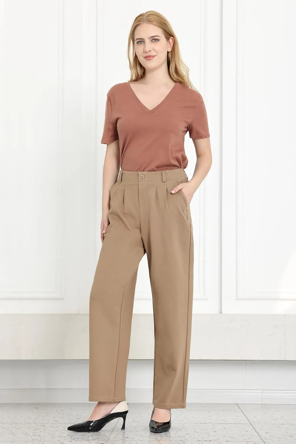 Dress Pants Women Straight Leg Work Business Office High Elastic Waisted Casual Slacks Trousers 29" with Pockets