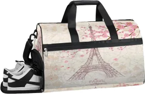 Eiffel Tower And Plum Blossom Resistant Sports Gym Bag for Women Men Travel Duffel bag with Wet Pocket & Shoes Compartment Waterproof Weekender Bag 19.7"x9.9"x13"