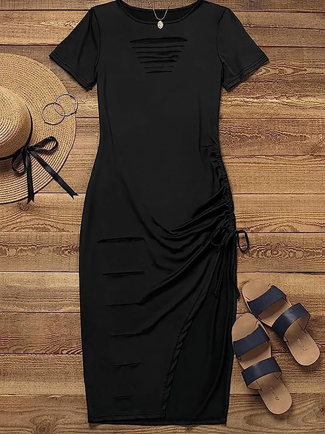 FECAFO Cut Out Hollow Out Ruched Slit Bodycon Dress for Women Sexy Side Slit Drawstring Club Party Short Sleeve Midi Dresses