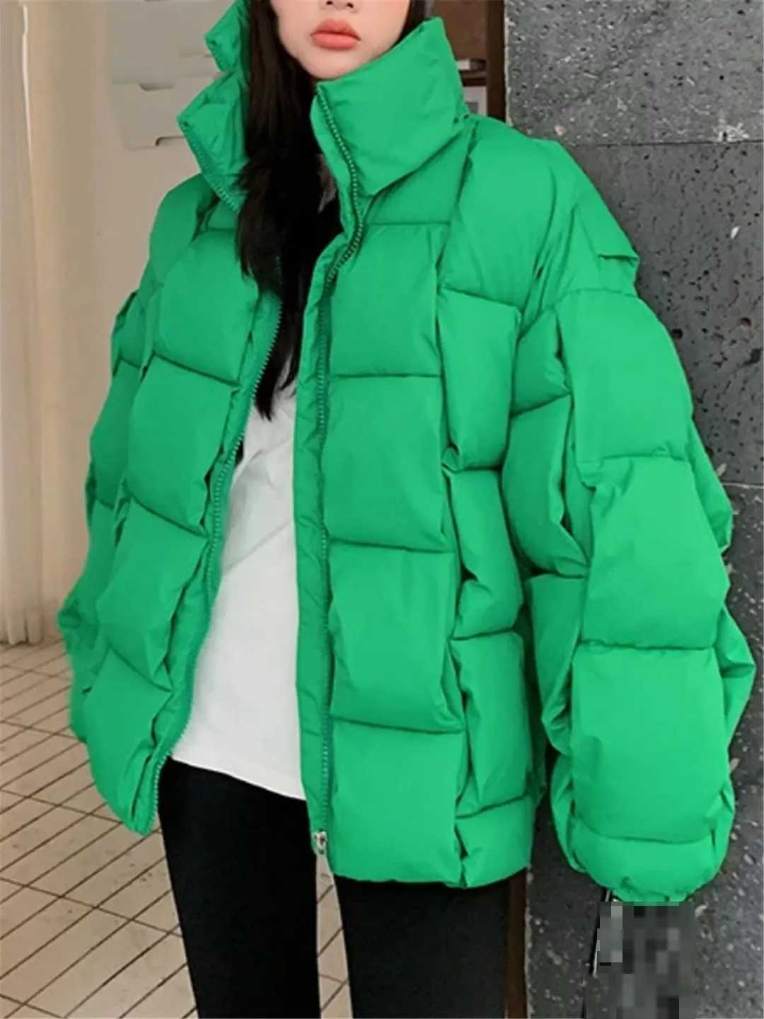 Fjnbbiot Winter Women Puffer Parkas Fashion Casual Loose Down Cotton Jackets Solid Weave Thicken Warm Zipper Overcoats