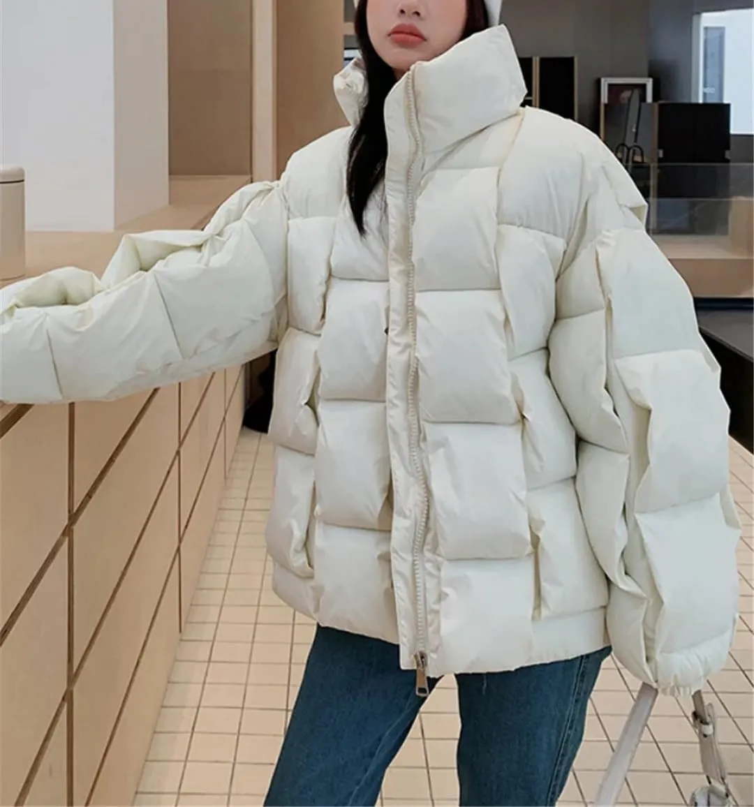 Fjnbbiot Winter Women Puffer Parkas Fashion Casual Loose Down Cotton Jackets Solid Weave Thicken Warm Zipper Overcoats