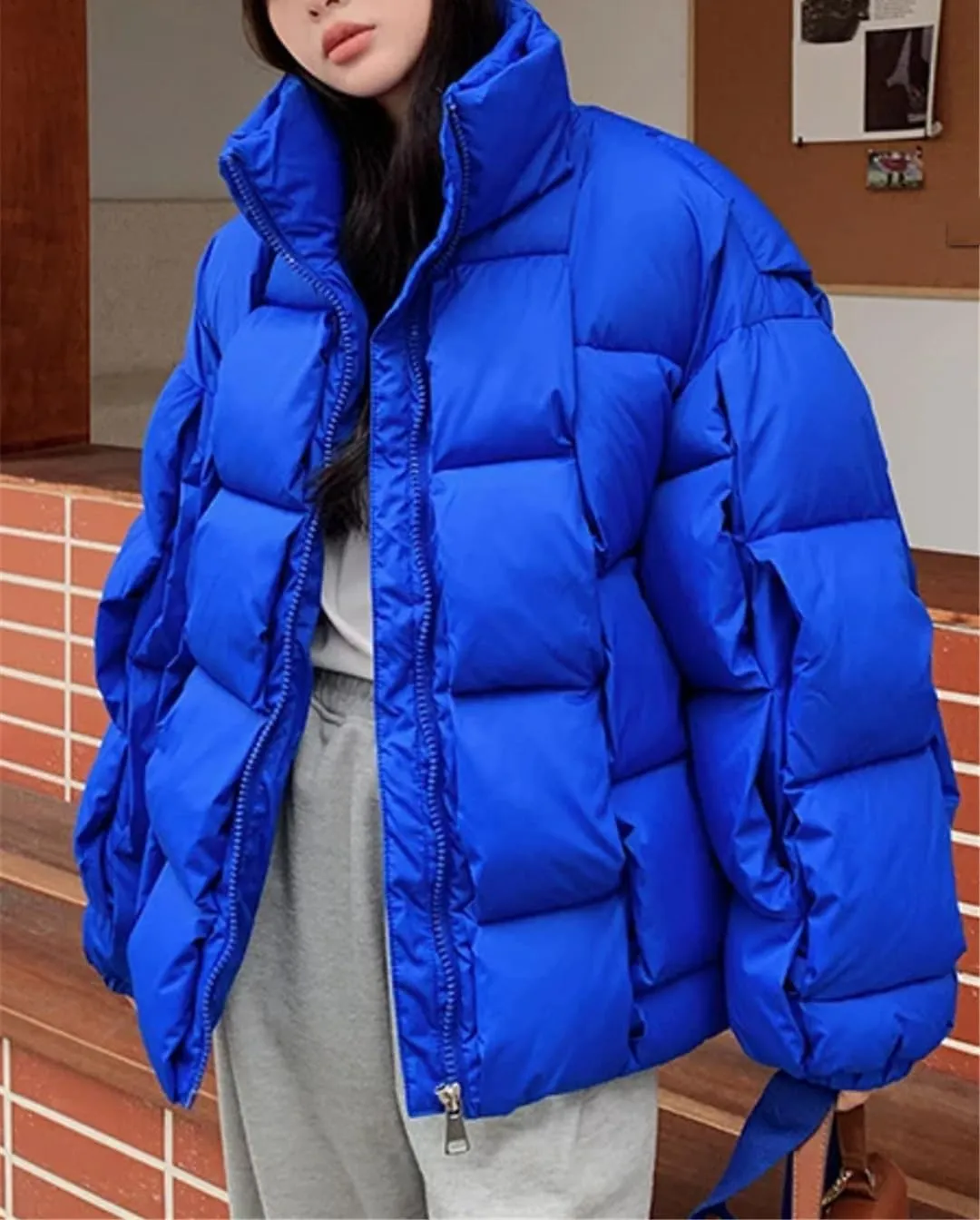 Fjnbbiot Winter Women Puffer Parkas Fashion Casual Loose Down Cotton Jackets Solid Weave Thicken Warm Zipper Overcoats