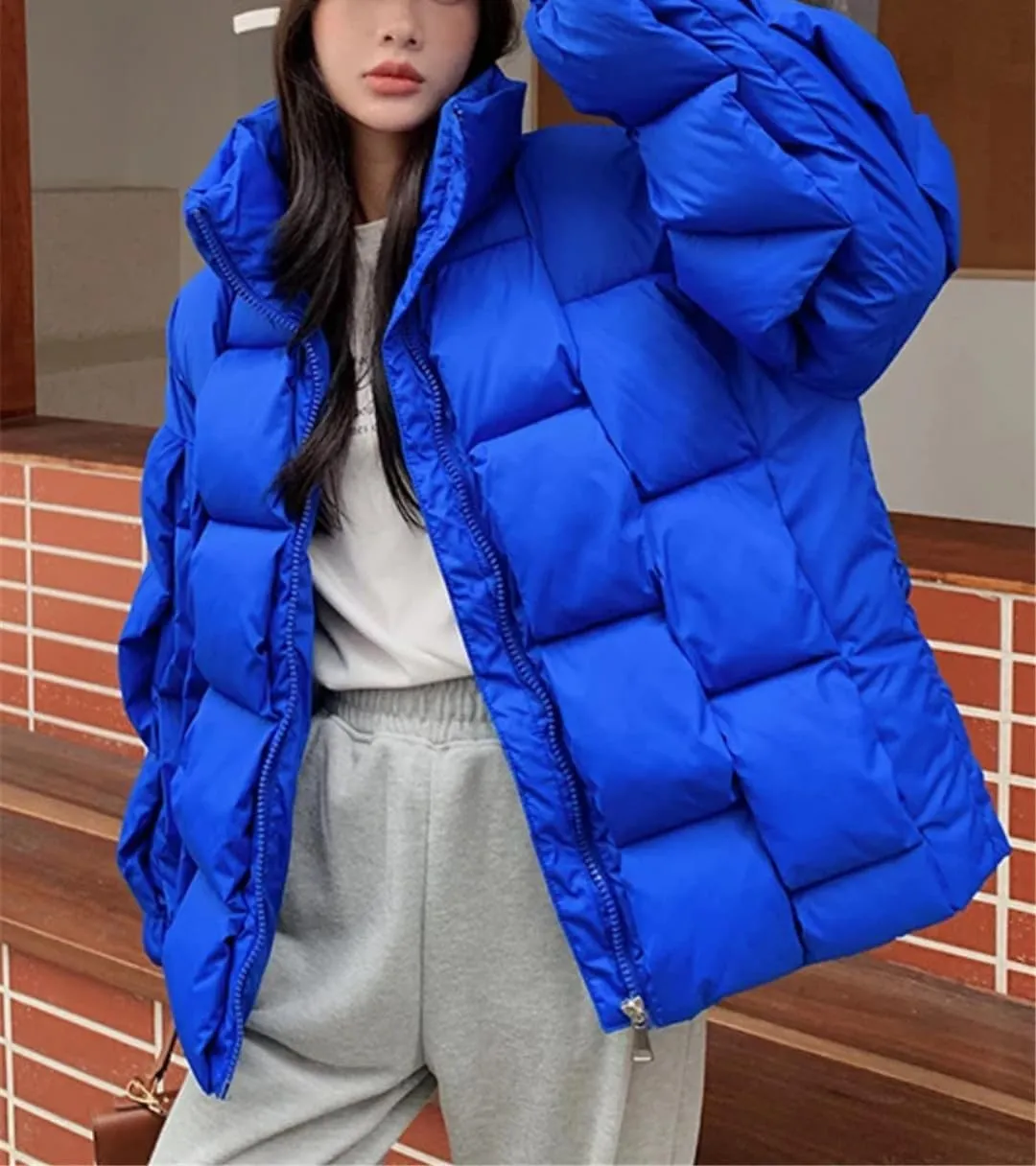 Fjnbbiot Winter Women Puffer Parkas Fashion Casual Loose Down Cotton Jackets Solid Weave Thicken Warm Zipper Overcoats