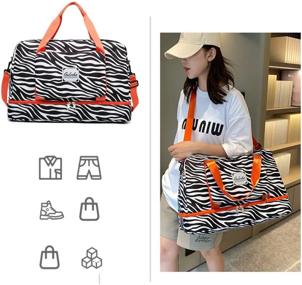 Foldable Gym Bag for Women,Sports Travel Duffel Bag, Weekender Overnight Bag with Wet Pocket and Shoes Compartment for Women, Travel,Workout,Gym, Yoga 919 (Black)