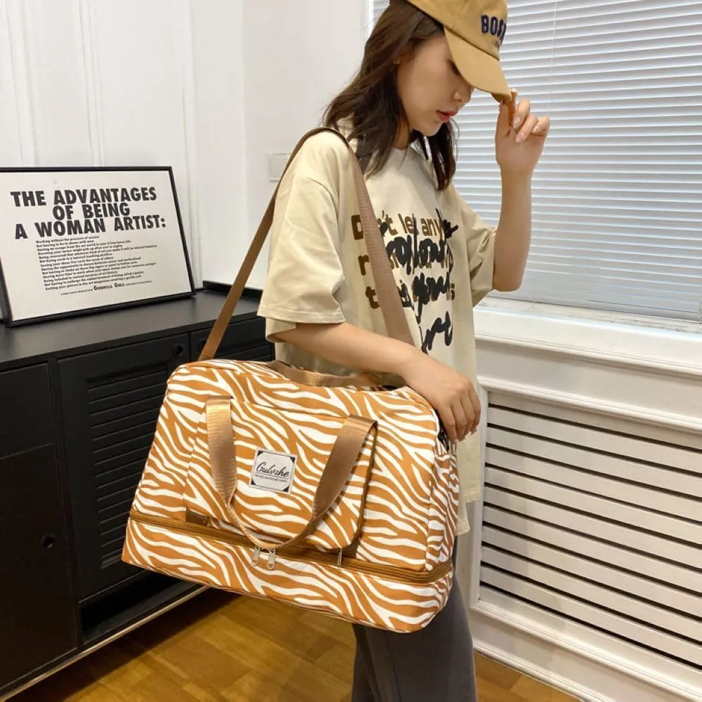 Foldable Gym Bag for Women,Sports Travel Duffel Bag, Weekender Overnight Bag with Wet Pocket and Shoes Compartment for Women, Travel,Workout,Gym, Yoga 919 (Khaki)