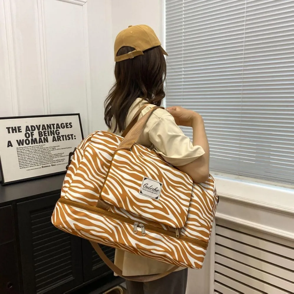 Foldable Gym Bag for Women,Sports Travel Duffel Bag, Weekender Overnight Bag with Wet Pocket and Shoes Compartment for Women, Travel,Workout,Gym, Yoga 919 (Khaki)