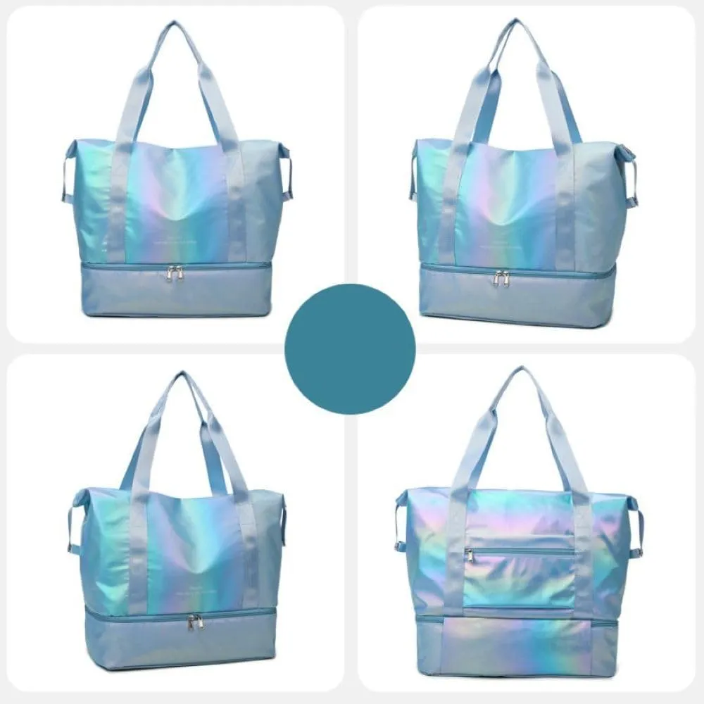 Foldable Gym Bag for Women,Sports Travel Duffel Bag, Weekender Overnight Bag with Wet Pocket and Shoes Compartment for Women, Travel,Workout,Gym, Yoga G74 (Blue)