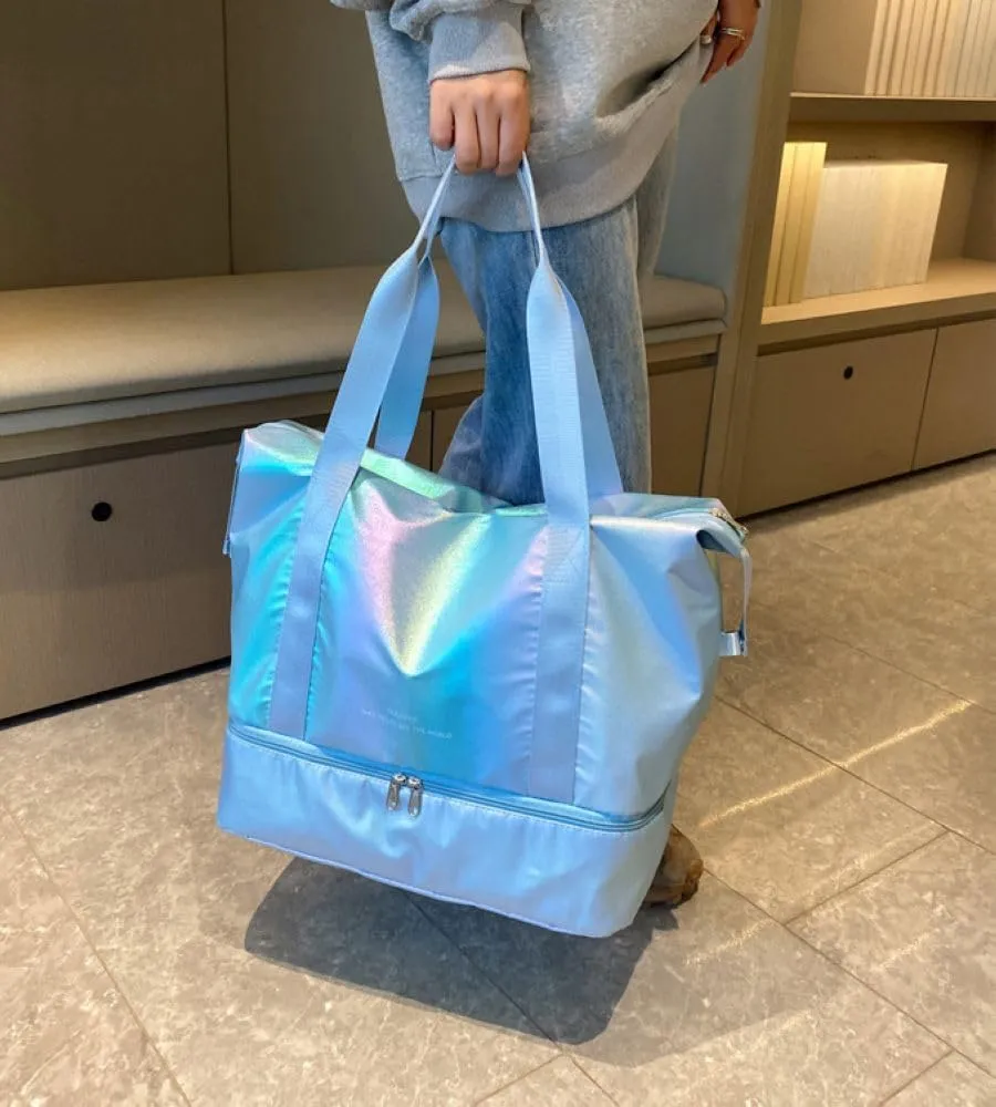 Foldable Gym Bag for Women,Sports Travel Duffel Bag, Weekender Overnight Bag with Wet Pocket and Shoes Compartment for Women, Travel,Workout,Gym, Yoga G74 (Blue)