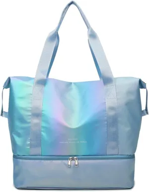 Foldable Gym Bag for Women,Sports Travel Duffel Bag, Weekender Overnight Bag with Wet Pocket and Shoes Compartment for Women, Travel,Workout,Gym, Yoga G74 (Blue)