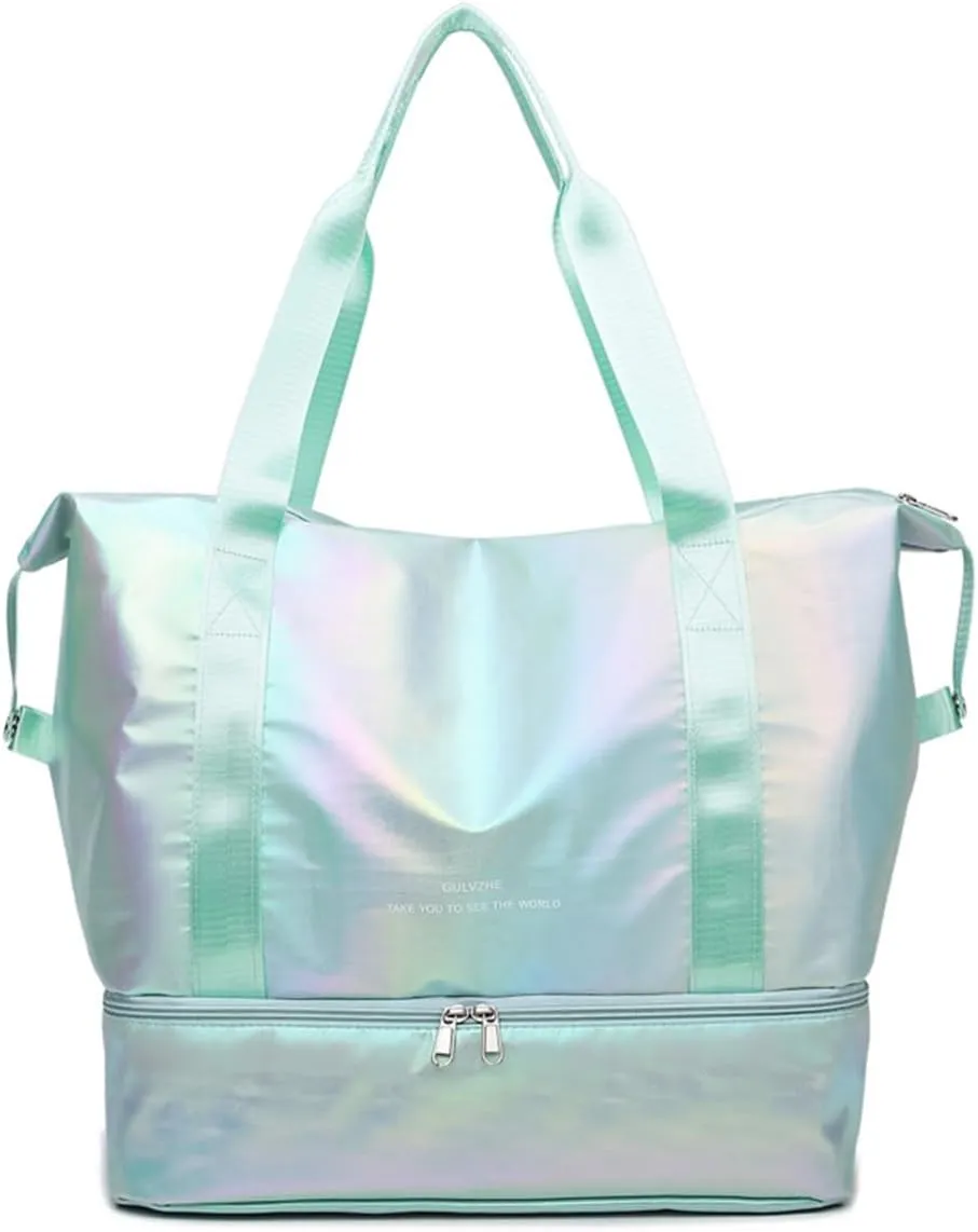 Foldable Gym Bag for Women,Sports Travel Duffel Bag, Weekender Overnight Bag with Wet Pocket and Shoes Compartment for Women, Travel,Workout,Gym, Yoga G74 (Green)