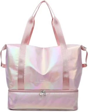 Foldable Gym Bag for Women,Sports Travel Duffel Bag, Weekender Overnight Bag with Wet Pocket and Shoes Compartment for Women, Travel,Workout,Gym, Yoga G74 (Pink)