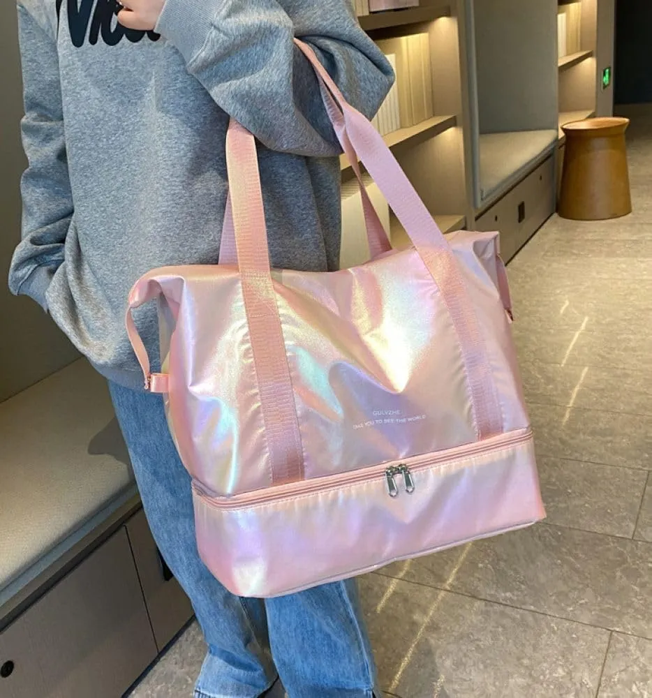 Foldable Gym Bag for Women,Sports Travel Duffel Bag, Weekender Overnight Bag with Wet Pocket and Shoes Compartment for Women, Travel,Workout,Gym, Yoga G74 (Pink)