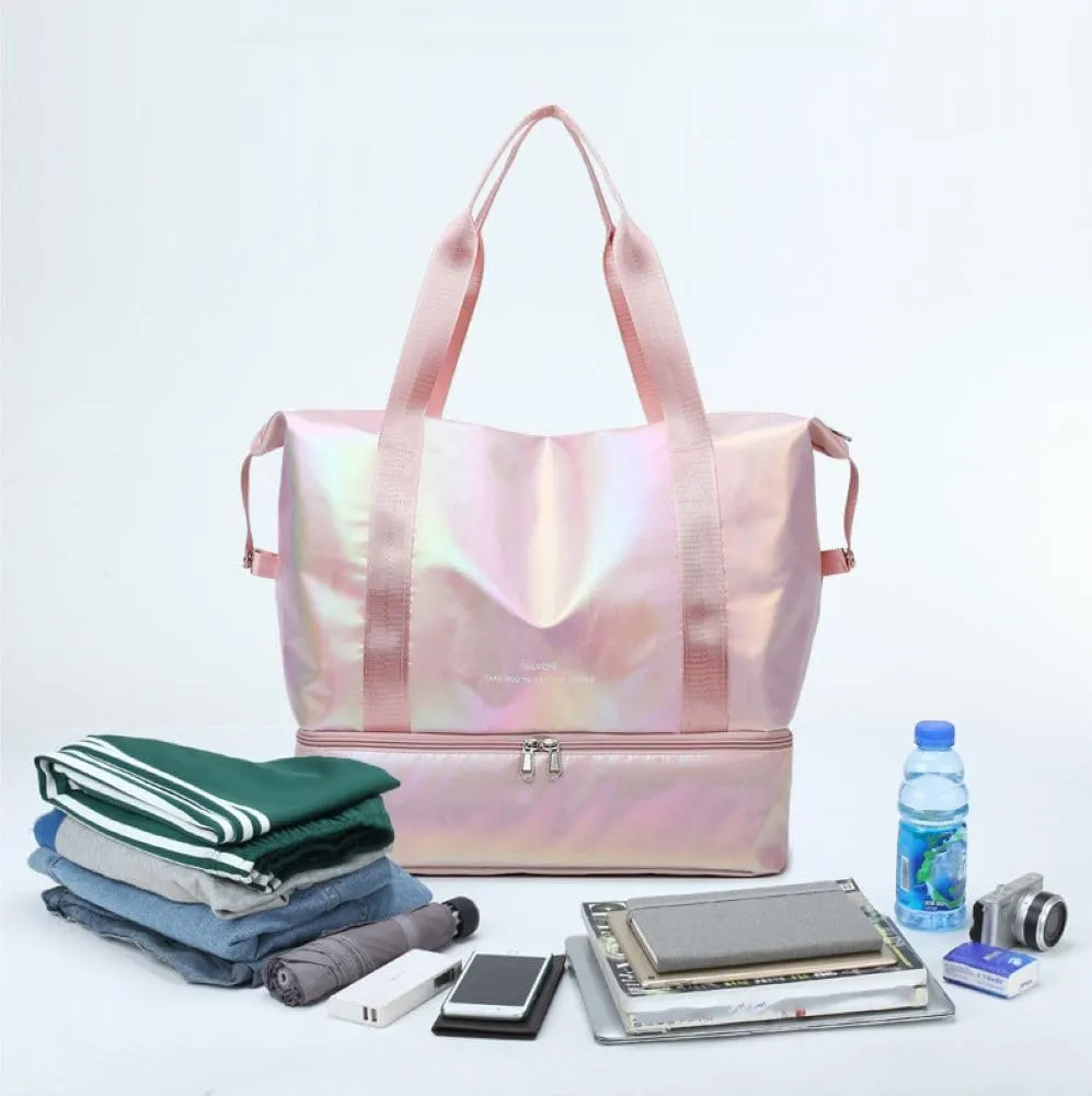 Foldable Gym Bag for Women,Sports Travel Duffel Bag, Weekender Overnight Bag with Wet Pocket and Shoes Compartment for Women, Travel,Workout,Gym, Yoga G74 (Pink)