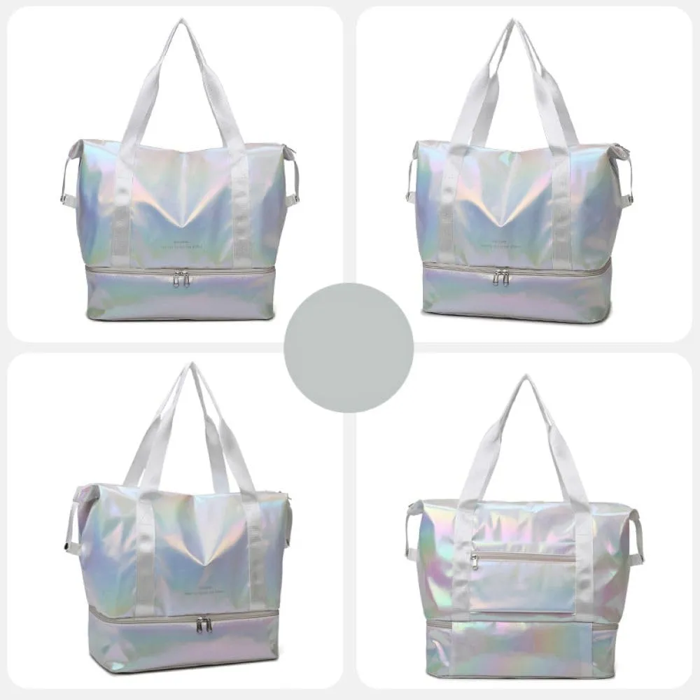 Foldable Gym Bag for Women,Sports Travel Duffel Bag, Weekender Overnight Bag with Wet Pocket and Shoes Compartment for Women, Travel,Workout,Gym, Yoga G74 (White)