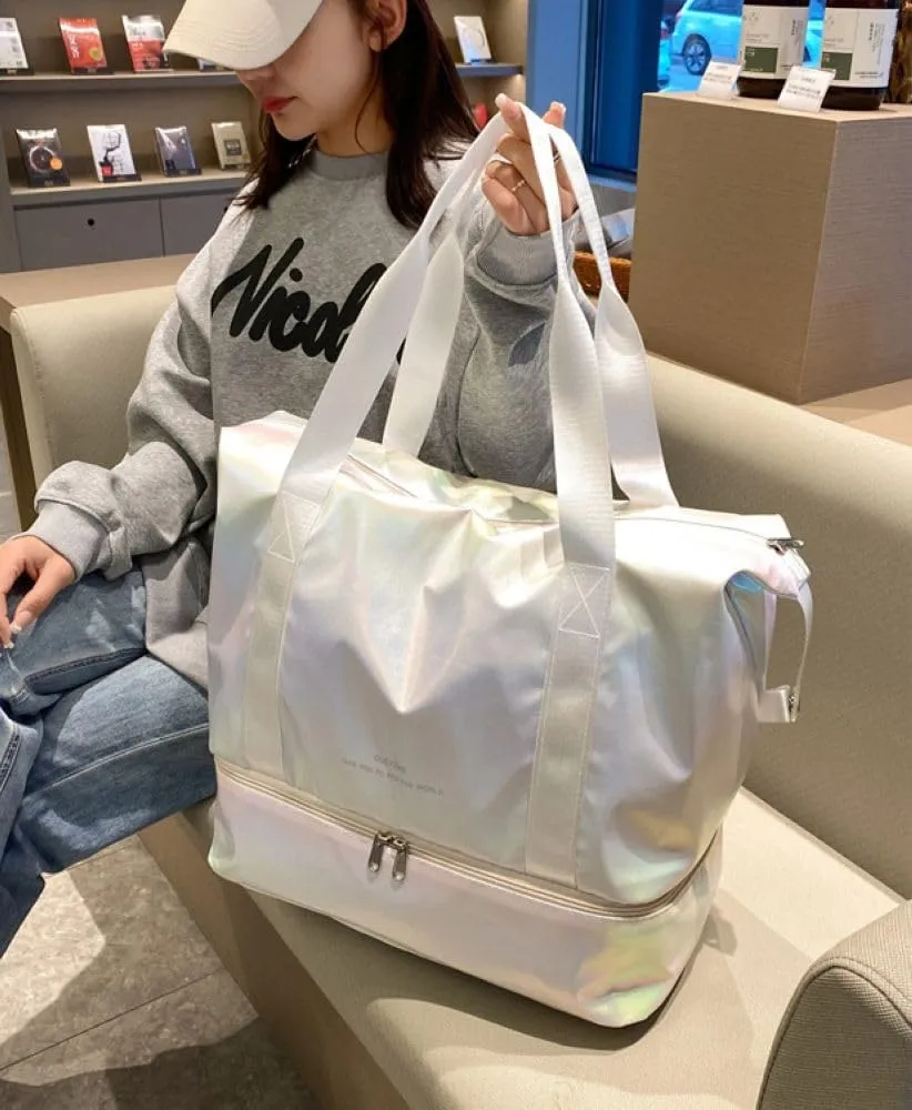 Foldable Gym Bag for Women,Sports Travel Duffel Bag, Weekender Overnight Bag with Wet Pocket and Shoes Compartment for Women, Travel,Workout,Gym, Yoga G74 (White)