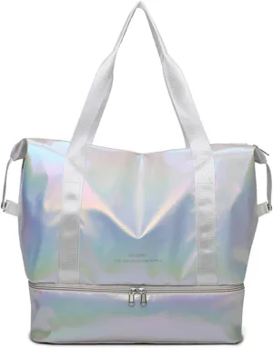 Foldable Gym Bag for Women,Sports Travel Duffel Bag, Weekender Overnight Bag with Wet Pocket and Shoes Compartment for Women, Travel,Workout,Gym, Yoga G74 (White)