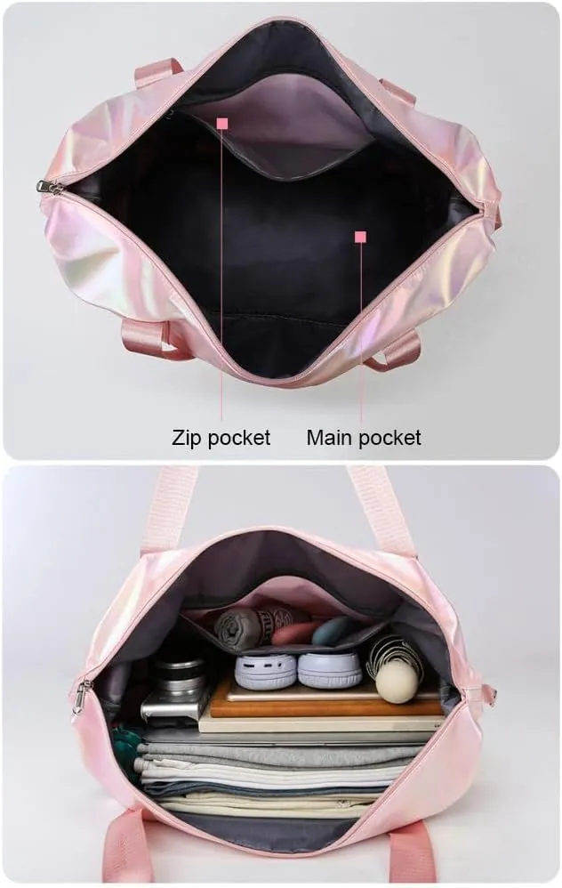 Foldable Gym Bag for Women,Sports Travel Duffel Bag, Weekender Overnight Bag with Wet Pocket and Shoes Compartment for Women, Travel,Workout,Gym, Yoga G74 (White)