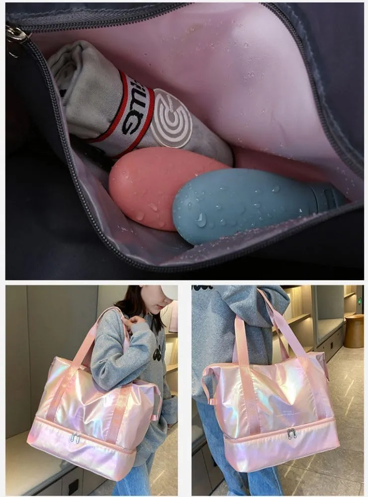 Foldable Gym Bag for Women,Sports Travel Duffel Bag, Weekender Overnight Bag with Wet Pocket and Shoes Compartment for Women, Travel,Workout,Gym, Yoga G74 (White)