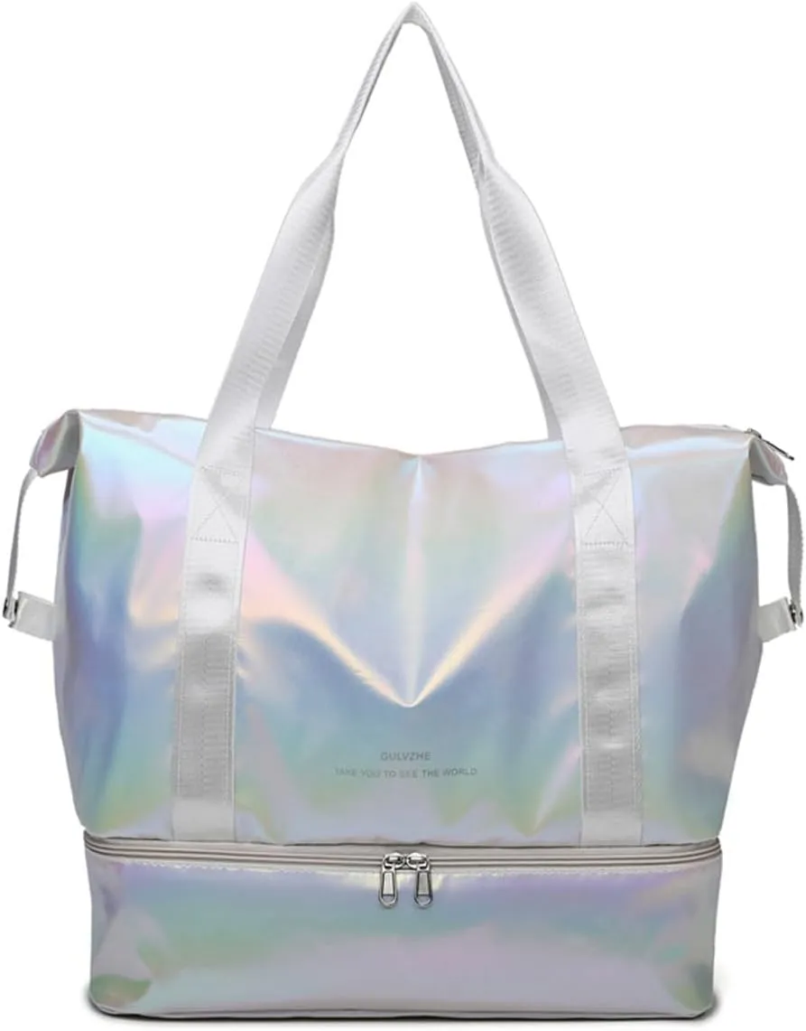 Foldable Gym Bag for Women,Sports Travel Duffel Bag, Weekender Overnight Bag with Wet Pocket and Shoes Compartment for Women, Travel,Workout,Gym, Yoga G74 (White)