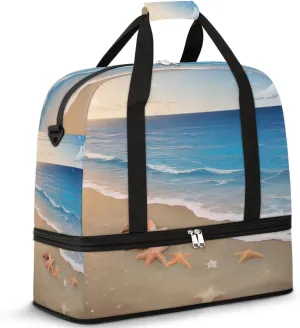 Foldable Travel Duffel Bag Tote Carry on Luggage Bag Beach Sea Waves Starfish Sports Gym Bag with Shoes Compartment Small Overnight Weekender Bag for Women Men