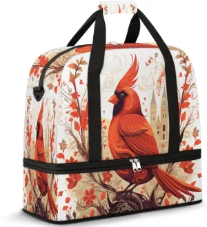 Foldable Travel Duffel Bag Tote Carry on Luggage Bag Cardinal Red Flower Leaves Sports Gym Bag with Shoes Compartment Small Overnight Weekender Bag for Women Men