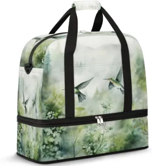 Foldable Travel Duffel Bag Tote Carry on Luggage Bag Spring Green Leaves Hummingbird Sports Gym Bag with Shoes Compartment Small Overnight Weekender Bag for Women Men