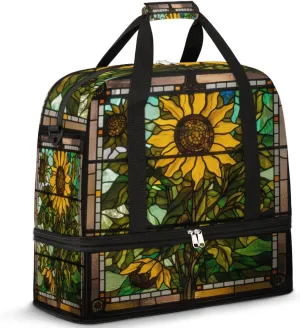 Foldable Travel Duffel Bag Tote Carry on Luggage Bag Vintage Sunflower Floral Glass Window Sports Gym Bag with Shoes Compartment Small Overnight Weekender Bag for Women Men