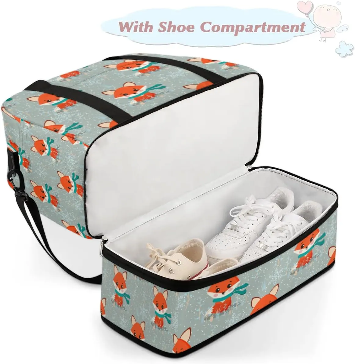 Foxes Sports Gym Bag with Shoes Compartment Foldable Travel Duffel Bag Dry Wet Separated Sports Tote Workout Weekender Overnight Bag for Women Yoga Dance Work Training Handbag