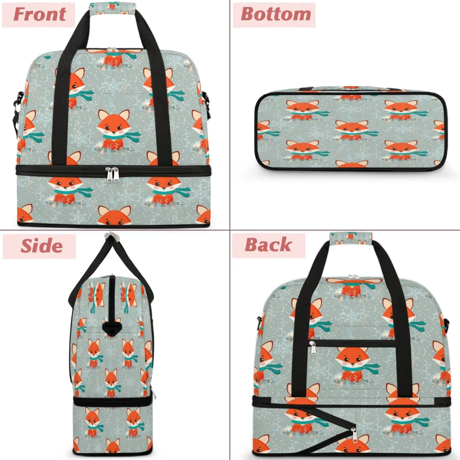 Foxes Sports Gym Bag with Shoes Compartment Foldable Travel Duffel Bag Dry Wet Separated Sports Tote Workout Weekender Overnight Bag for Women Yoga Dance Work Training Handbag