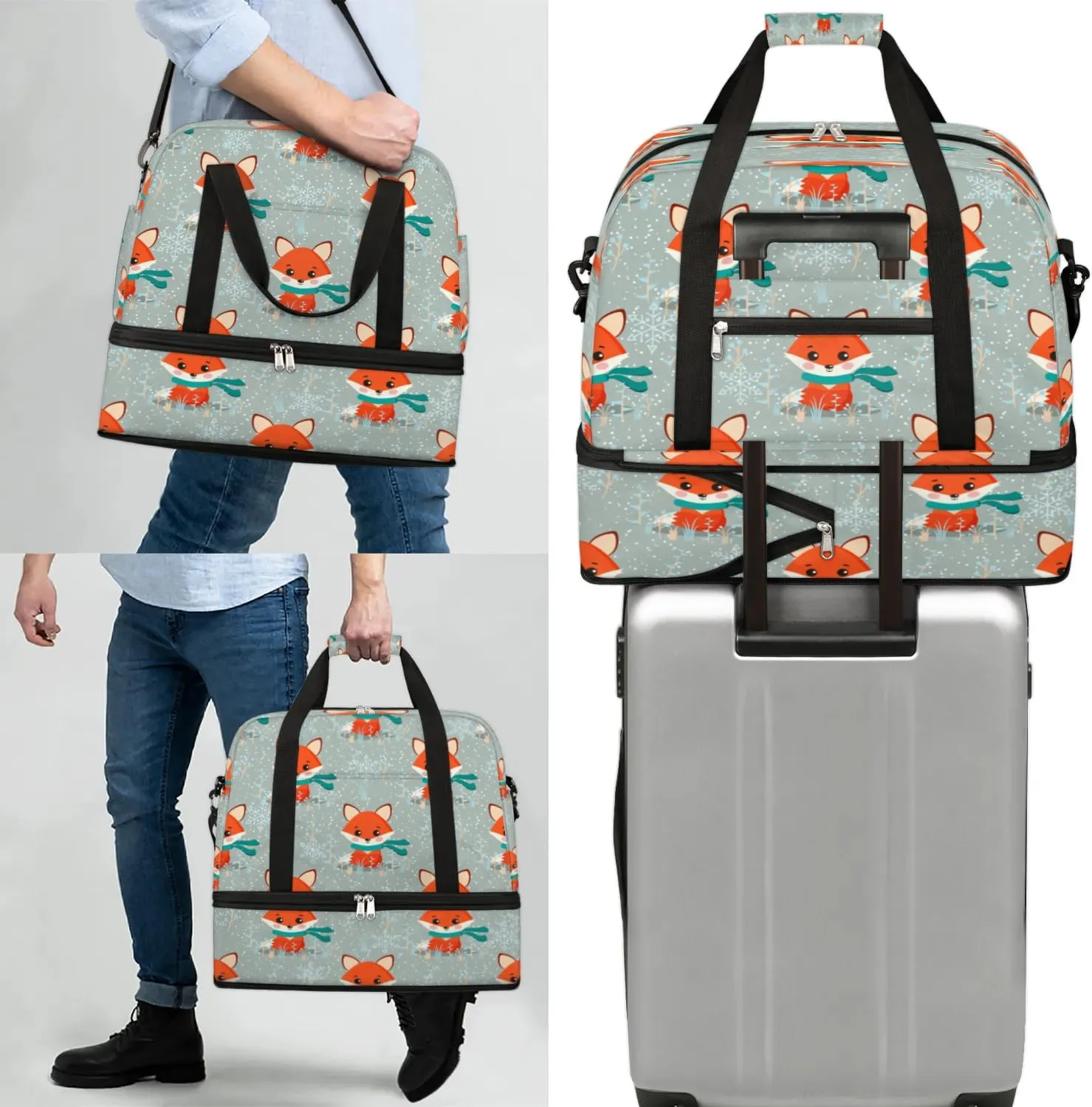 Foxes Sports Gym Bag with Shoes Compartment Foldable Travel Duffel Bag Dry Wet Separated Sports Tote Workout Weekender Overnight Bag for Women Yoga Dance Work Training Handbag