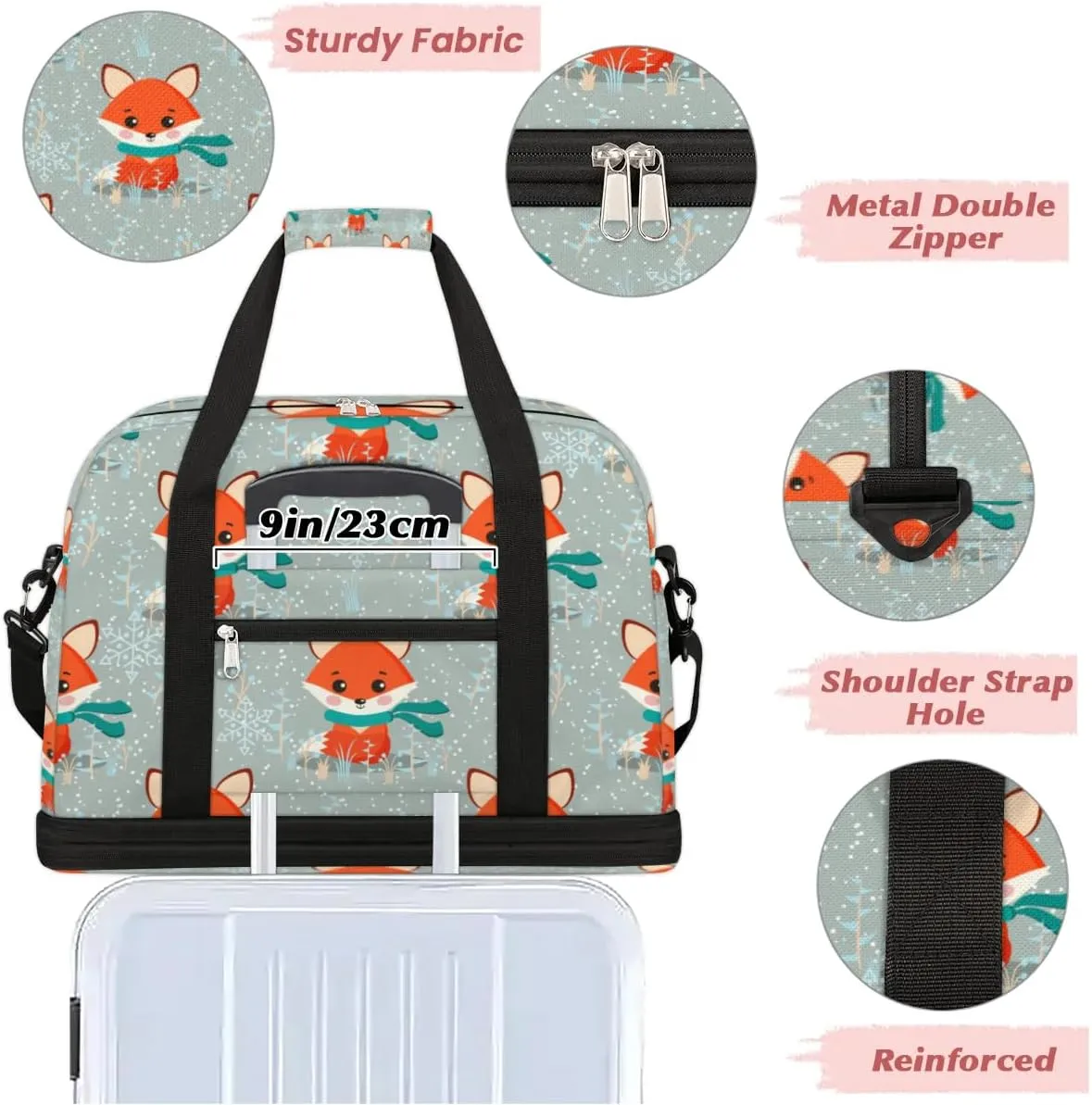 Foxes Sports Gym Bag with Shoes Compartment Foldable Travel Duffel Bag Dry Wet Separated Sports Tote Workout Weekender Overnight Bag for Women Yoga Dance Work Training Handbag