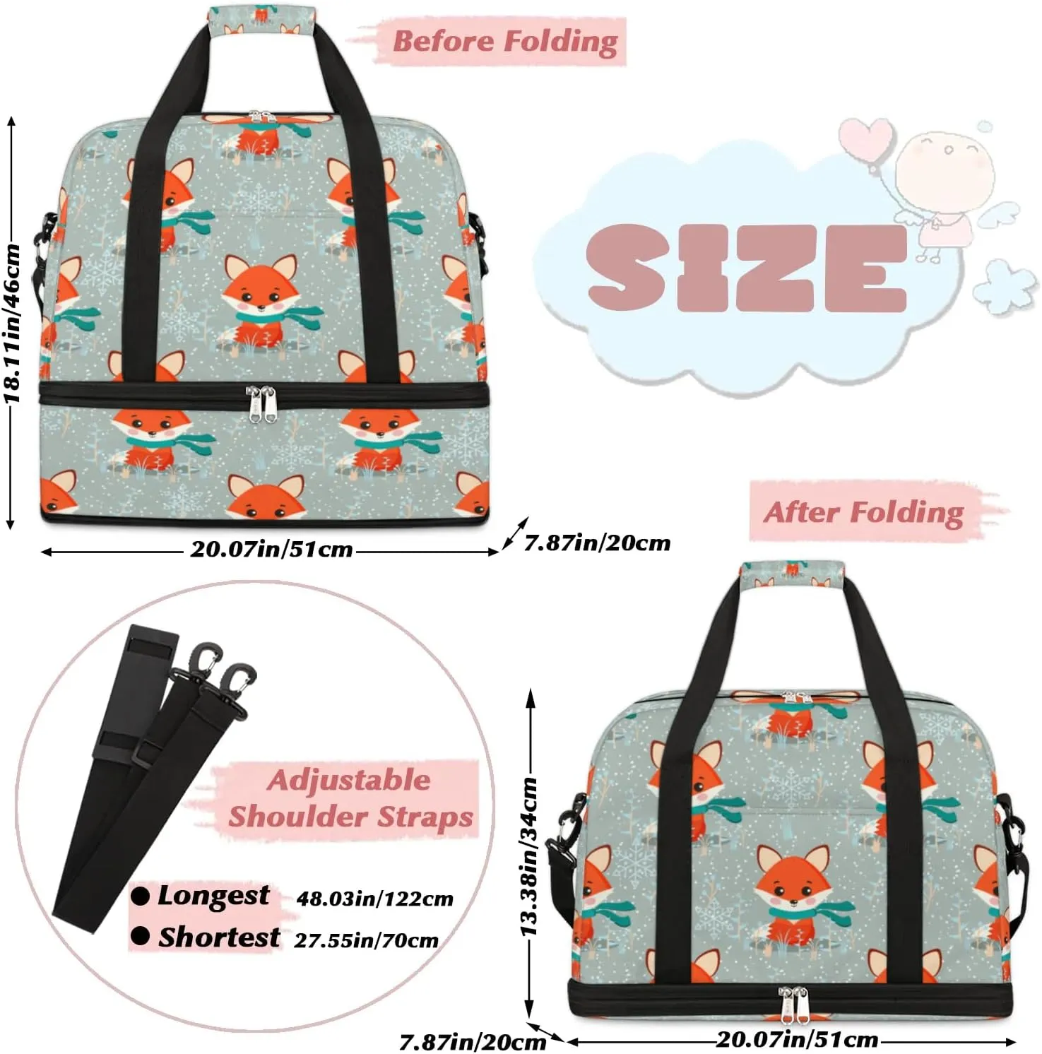 Foxes Sports Gym Bag with Shoes Compartment Foldable Travel Duffel Bag Dry Wet Separated Sports Tote Workout Weekender Overnight Bag for Women Yoga Dance Work Training Handbag