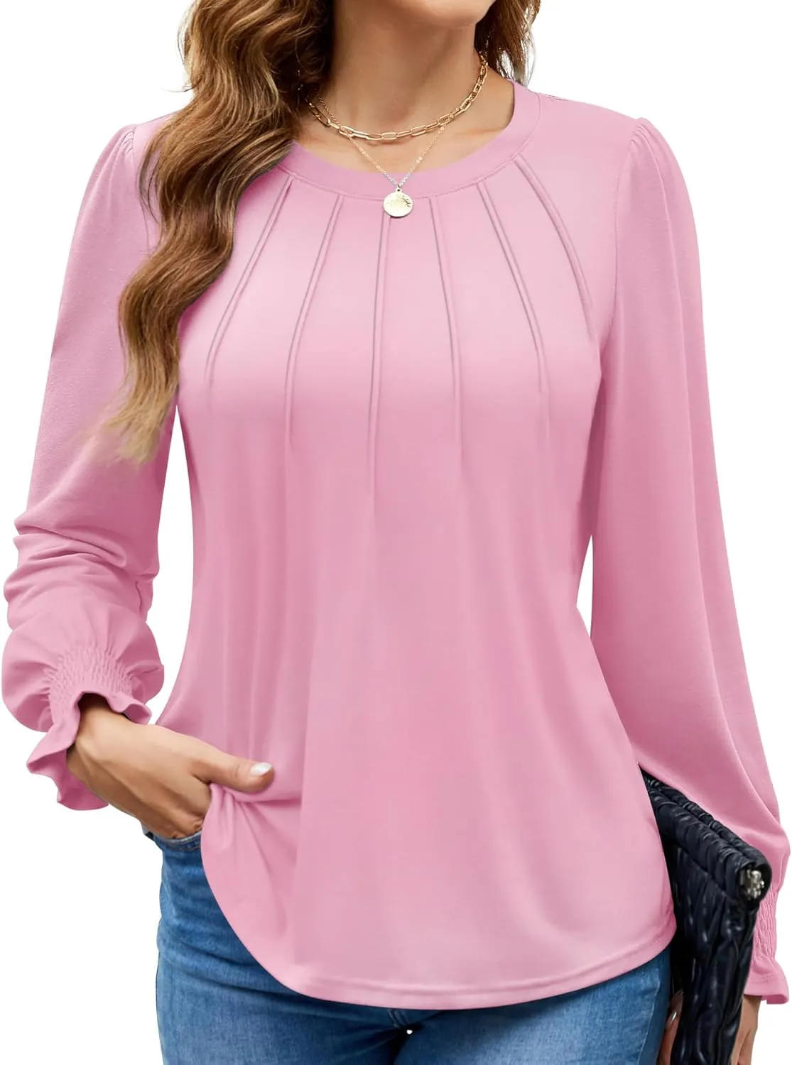 Funlingo Womens Long Sleeve Tops Fashion Fall Shirts Scoop Neck Pleated Ruffle Loose Tunic Tops Business Work Blouse