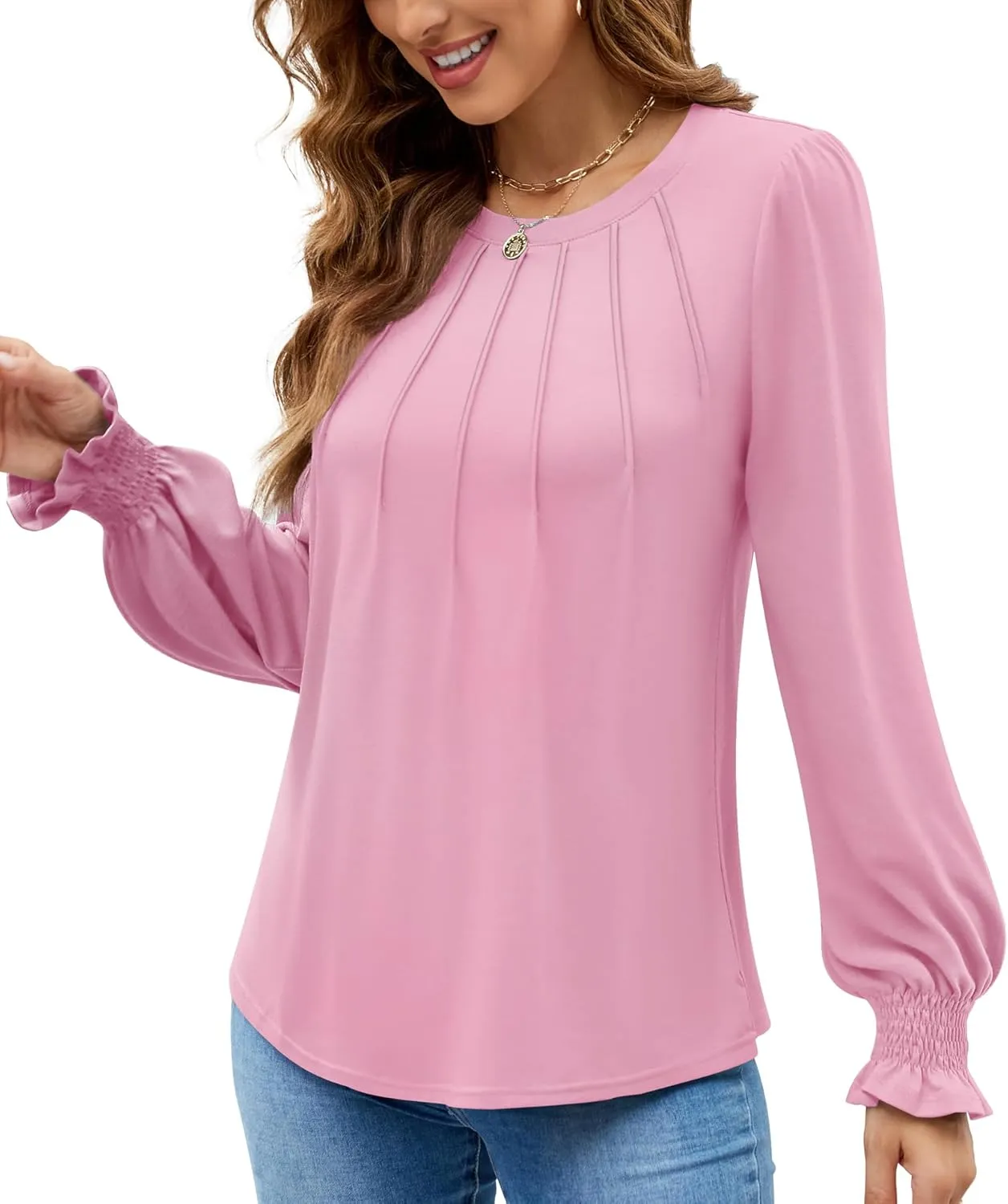 Funlingo Womens Long Sleeve Tops Fashion Fall Shirts Scoop Neck Pleated Ruffle Loose Tunic Tops Business Work Blouse