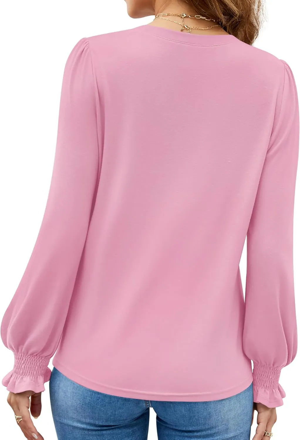 Funlingo Womens Long Sleeve Tops Fashion Fall Shirts Scoop Neck Pleated Ruffle Loose Tunic Tops Business Work Blouse