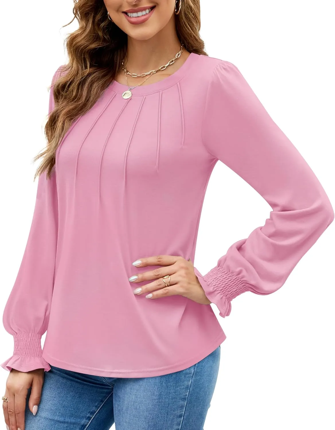 Funlingo Womens Long Sleeve Tops Fashion Fall Shirts Scoop Neck Pleated Ruffle Loose Tunic Tops Business Work Blouse