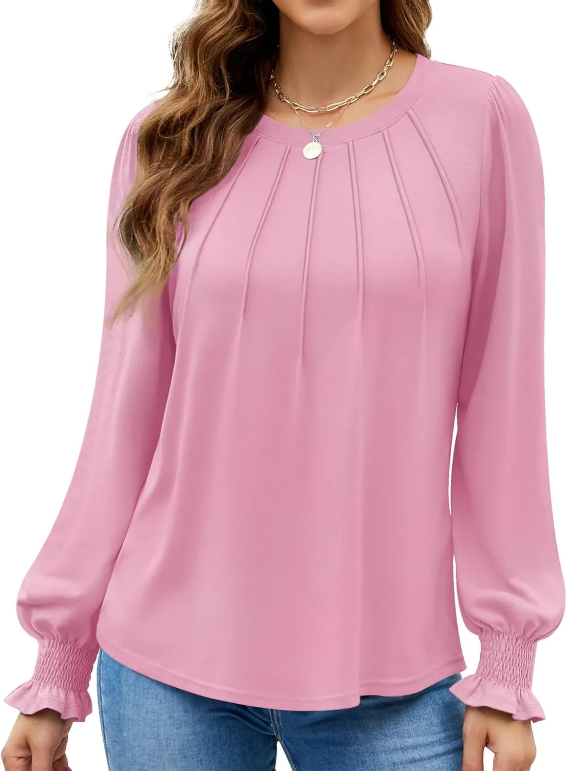 Funlingo Womens Long Sleeve Tops Fashion Fall Shirts Scoop Neck Pleated Ruffle Loose Tunic Tops Business Work Blouse