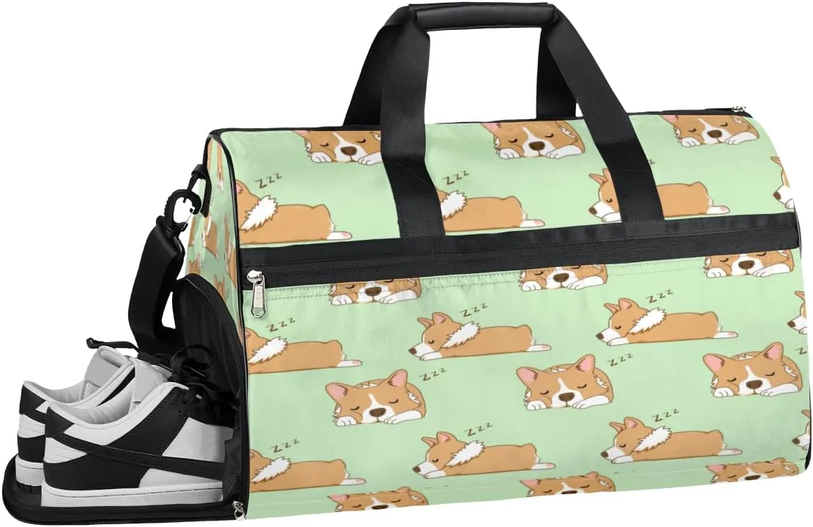Funny Dog Sleep Sports Gym Bag for Women and Men Travel Duffel Bag Cute Overnight Shoulder Bag Waterproof Workout Bag Portable Sports Tote with Shoes Compartment