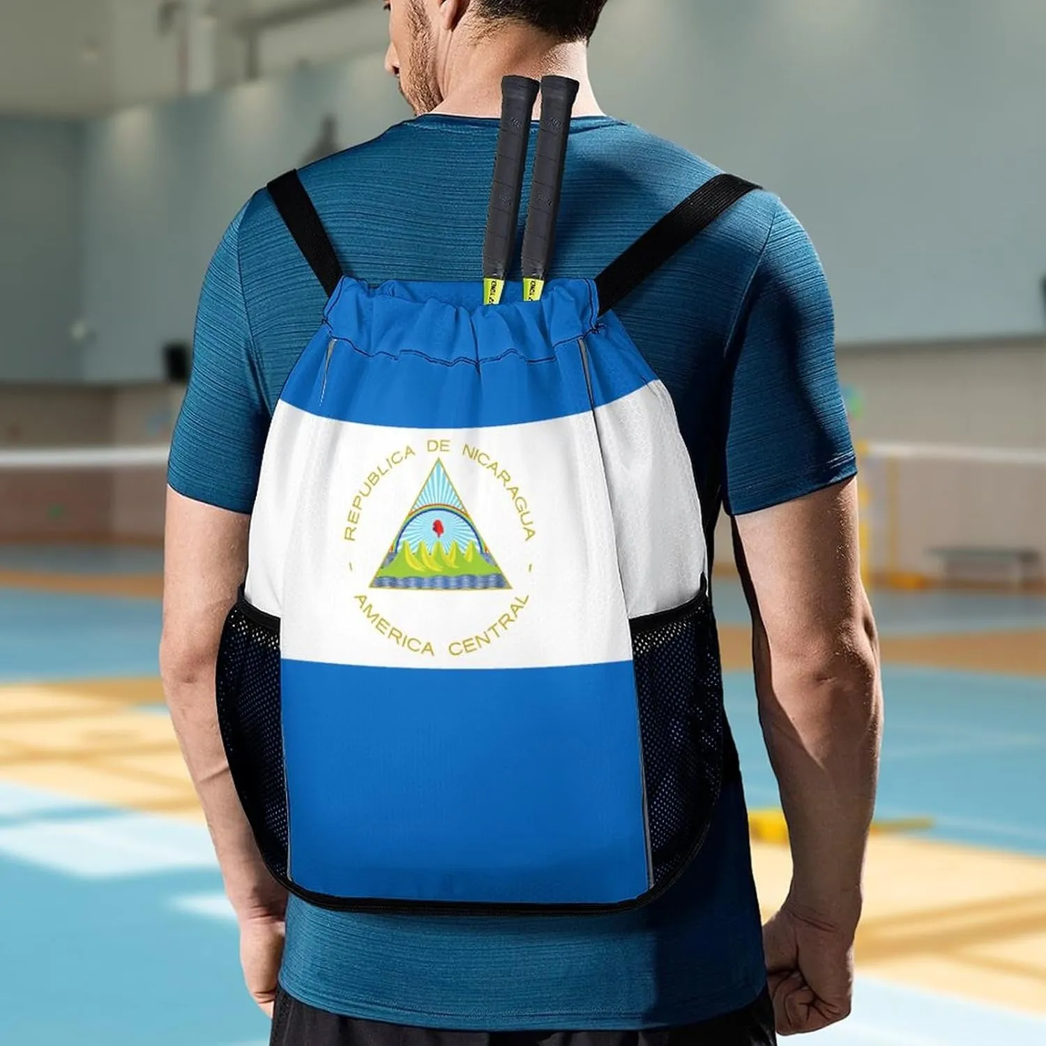 Funny Drawstring Backpack Lightweight Cinch Bag Compatible with Flag Of Nicaragua Gym Sack String Bag with Waterproof Compartment for Men Women Outdoor Sport Cycling Hiking