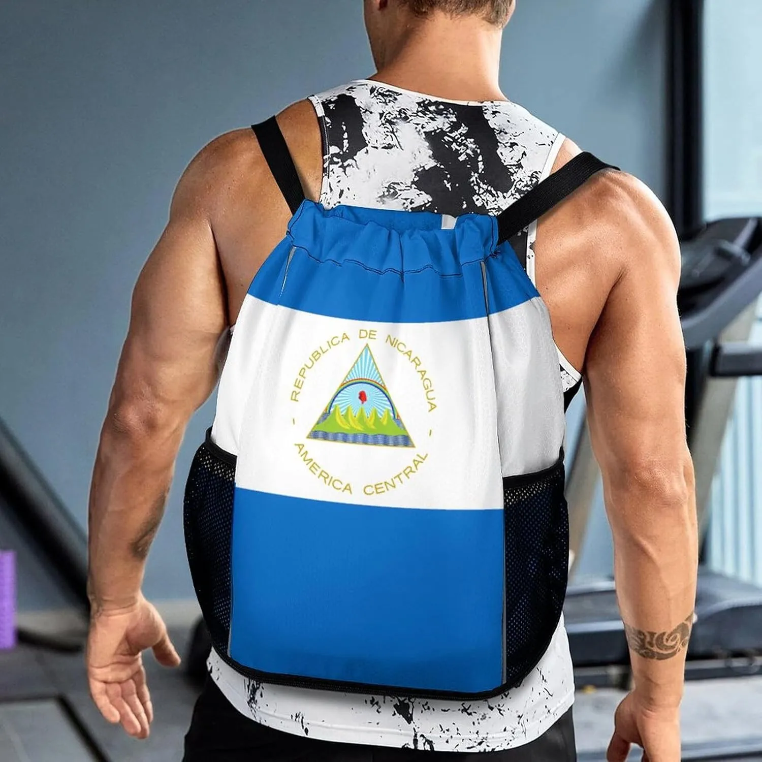 Funny Drawstring Backpack Lightweight Cinch Bag Compatible with Flag Of Nicaragua Gym Sack String Bag with Waterproof Compartment for Men Women Outdoor Sport Cycling Hiking