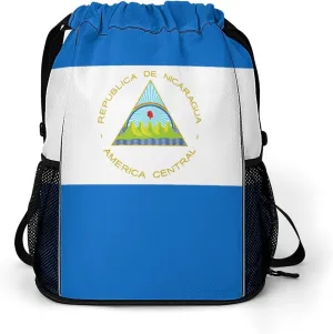 Funny Drawstring Backpack Lightweight Cinch Bag Compatible with Flag Of Nicaragua Gym Sack String Bag with Waterproof Compartment for Men Women Outdoor Sport Cycling Hiking