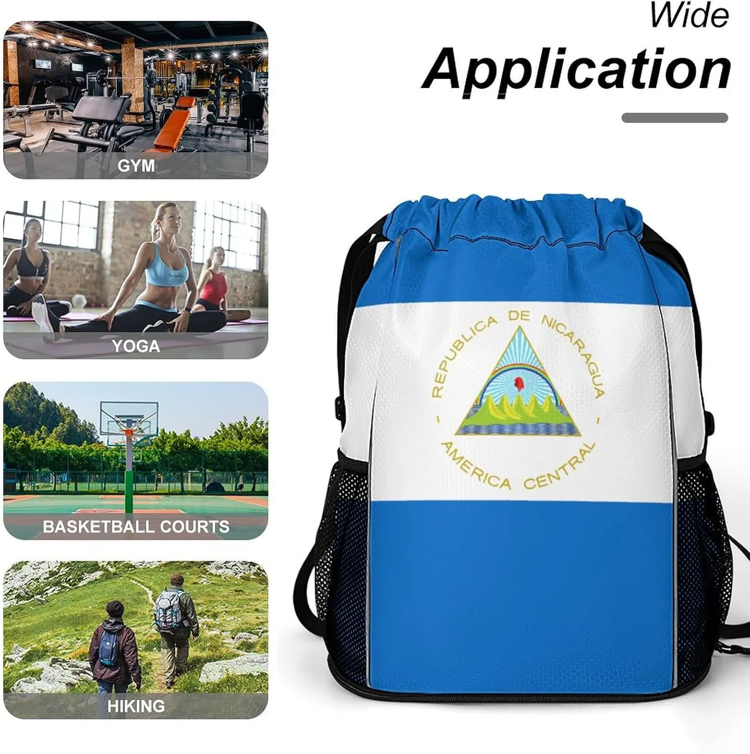Funny Drawstring Backpack Lightweight Cinch Bag Compatible with Flag Of Nicaragua Gym Sack String Bag with Waterproof Compartment for Men Women Outdoor Sport Cycling Hiking