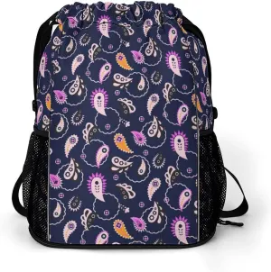 Funny Drawstring Backpack Lightweight Cinch Bag Compatible with Paisley Flowers Floral Purple Gym Sack String Bag with Waterproof Compartment for Men Women Outdoor Sport Cycling Hiking