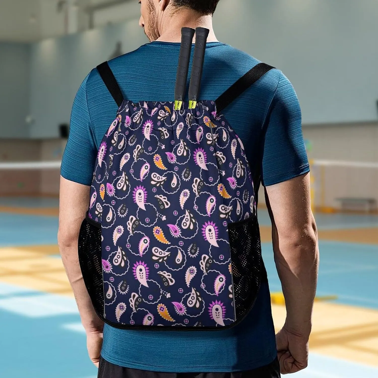 Funny Drawstring Backpack Lightweight Cinch Bag Compatible with Paisley Flowers Floral Purple Gym Sack String Bag with Waterproof Compartment for Men Women Outdoor Sport Cycling Hiking