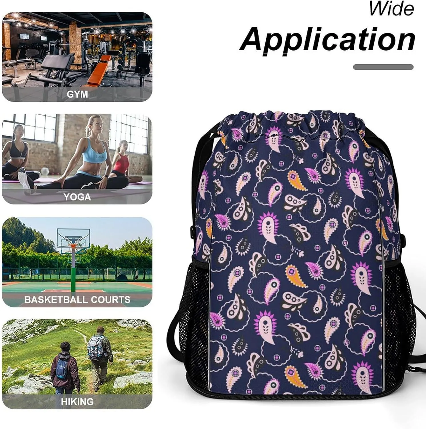 Funny Drawstring Backpack Lightweight Cinch Bag Compatible with Paisley Flowers Floral Purple Gym Sack String Bag with Waterproof Compartment for Men Women Outdoor Sport Cycling Hiking